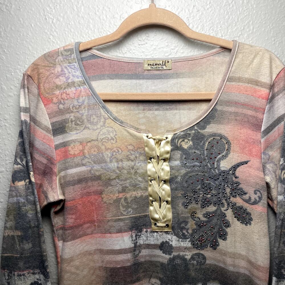 Vtg Y2K One World Lace up Paisley Rhinestone Boho Hippie Whimsy Long Sleeve Sz M - Picture 2 of 14